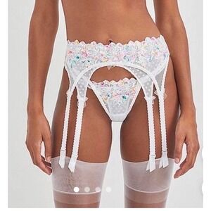 Love & Lemons White Floral Embroidered Point Desprit Lace Garter Belt XL